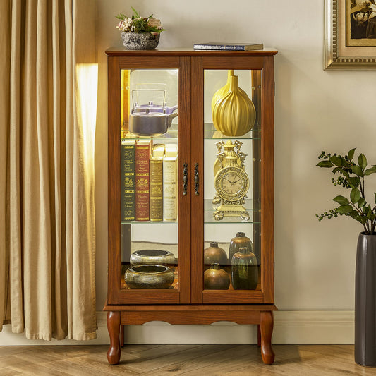 Brabrety Exquisite Wooden Curio Display Cabinet with Lighted and Tempered Glass Doors,Adjustable Shelves and Mirrored Back Panel,for Living Room