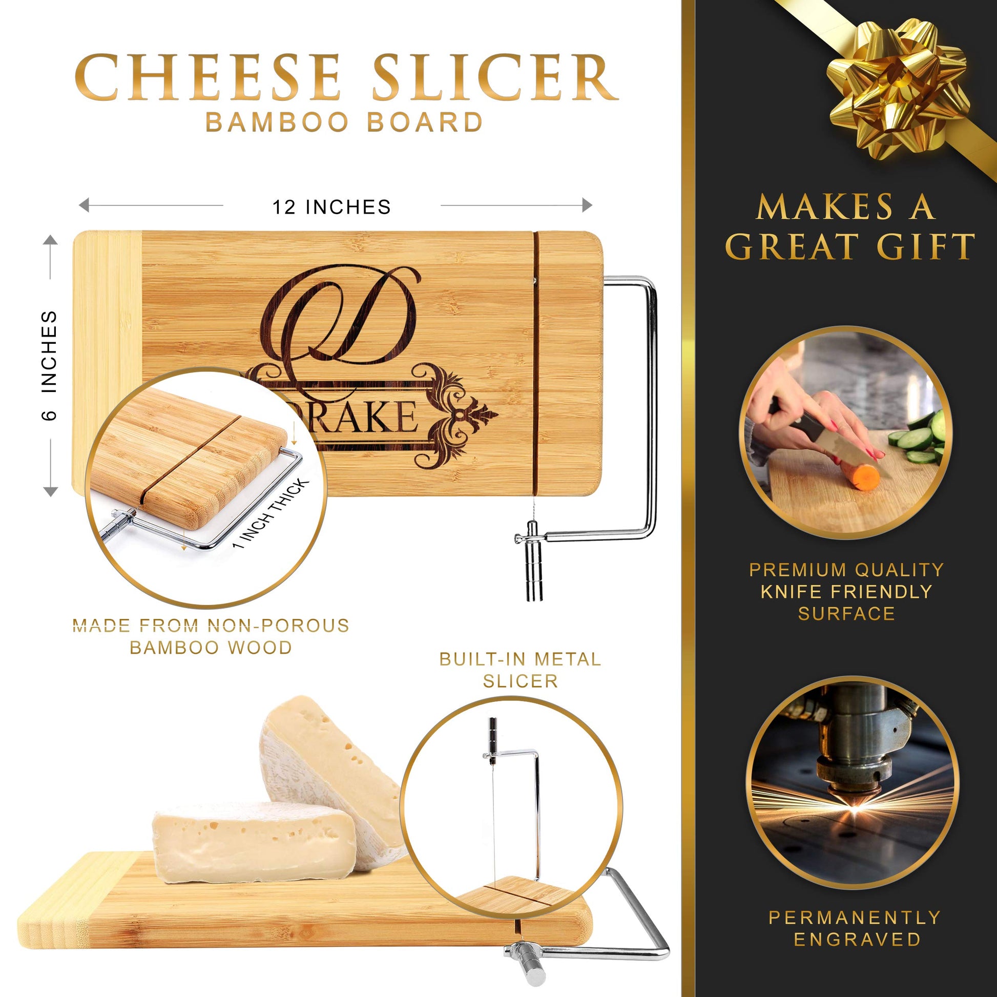 Personalized Cheese Board with Slicer - Monogrammed Bamboo Wood - Custom Engraved - WoodArtSupply