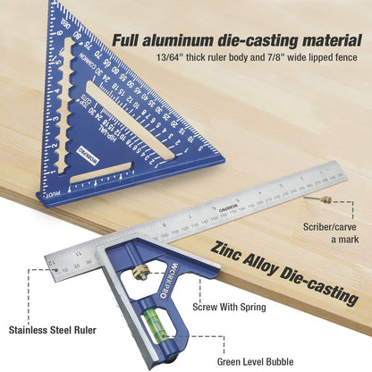 WORKPRO Aluminum Alloy Carpenter Square and Zinc-Alloy Square Ruler Set - 7 in. Rafter Layout Tool and 12 in. Combination Square Combo - WoodArtSupply