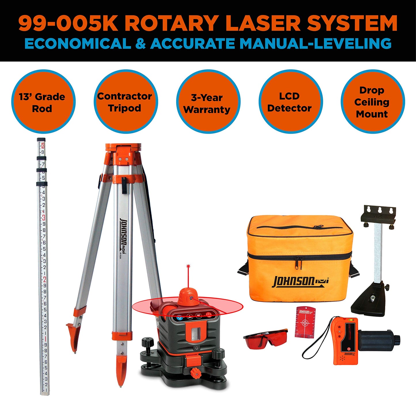 Johnson Level & Tool 99-005K Manual-Leveling Rotary Laser System, Red, 1 Kit - WoodArtSupply