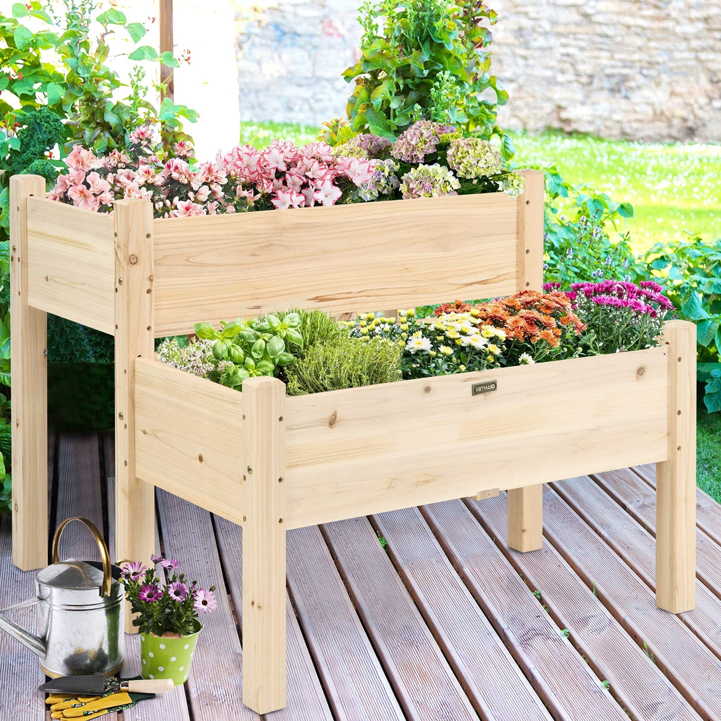 Giantex Set of 2 Raised Garden Bed, Elevated Wood Planter Box, Raised Bed Kit for Flowers Vegetables Fruits Herbs Outdoor Planting Container Patio,