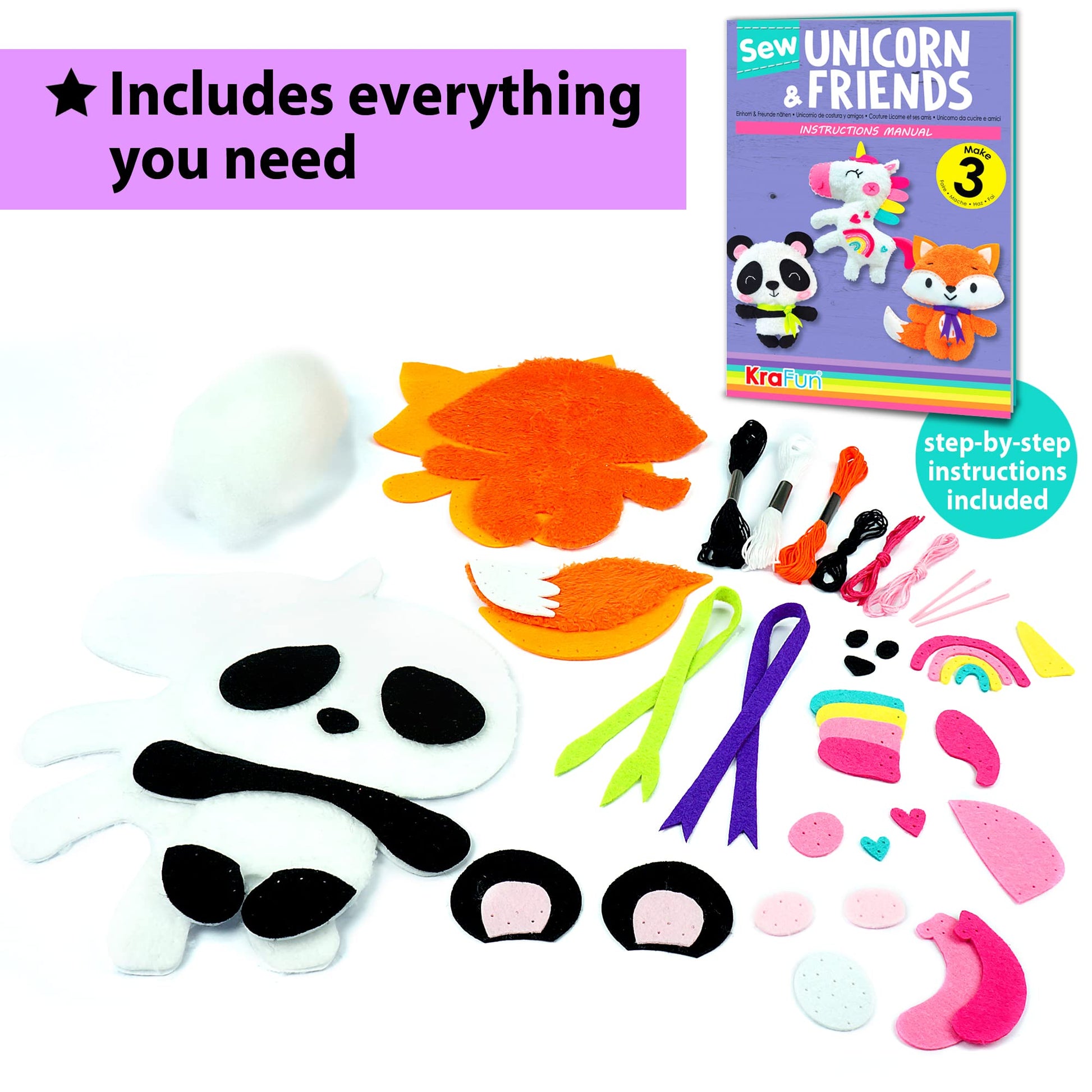 KRAFUN Unicorn Beginner Animal Sewing Kit for Kids Age 7-13 My First Art & Craft, Includes 3 Stuffed Animal Dolls Panda, Fox, Instructions & Plush - WoodArtSupply