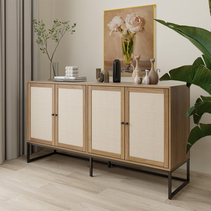 QEIUZON Modern Sideboard Cabinet, Accent Storage Cabinet with Rattan Doors and Adjustable Shelves, Freestanding Sideboard Storage Cabinet for Kitchen