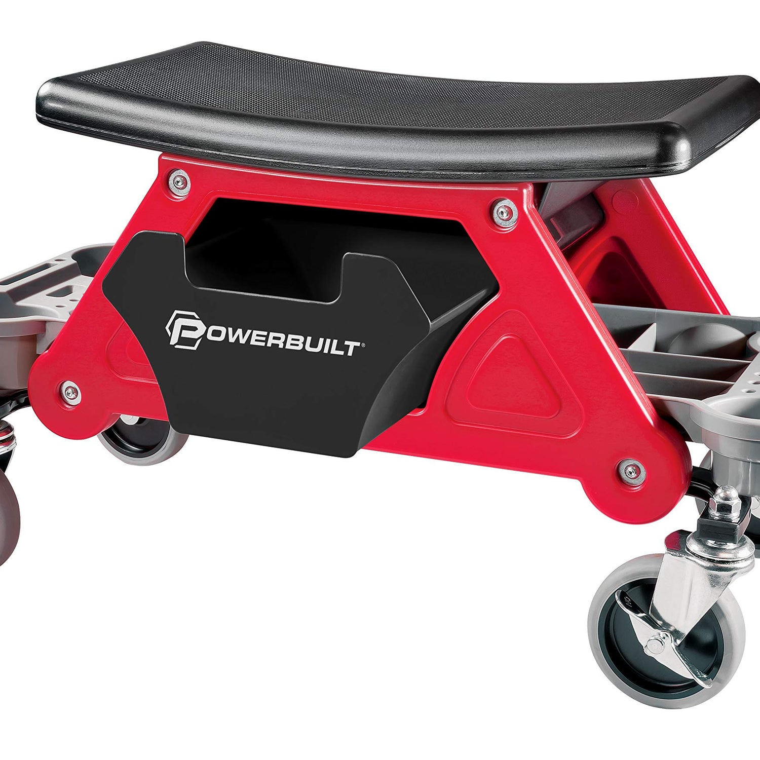 Powerbuilt Heavy Duty Roller Mechanics Seat and Brake Stool with 4-in. Rubber Swivel Casters Roll Over Anything, Big Seating Platform, Slide Out Tool Powerbuilt