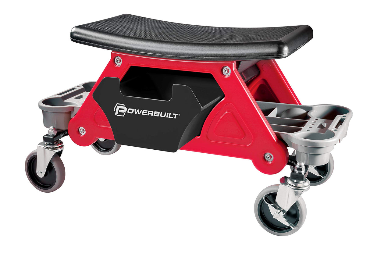 Powerbuilt Heavy Duty Roller Mechanics Seat and Brake Stool with 4-in. Rubber Swivel Casters Roll Over Anything, Big Seating Platform, Slide Out Tool Powerbuilt