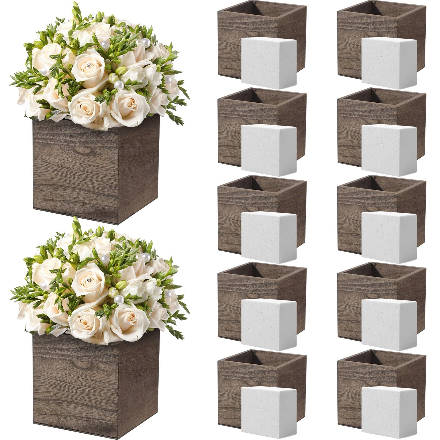 Suzile 12 Set 4 Inch Wooden Planter Box Square Wood Flower Box Rustic Cube Planter Box with Removable Foam Blocks Liner Square Vase for Centerpiece Suzile