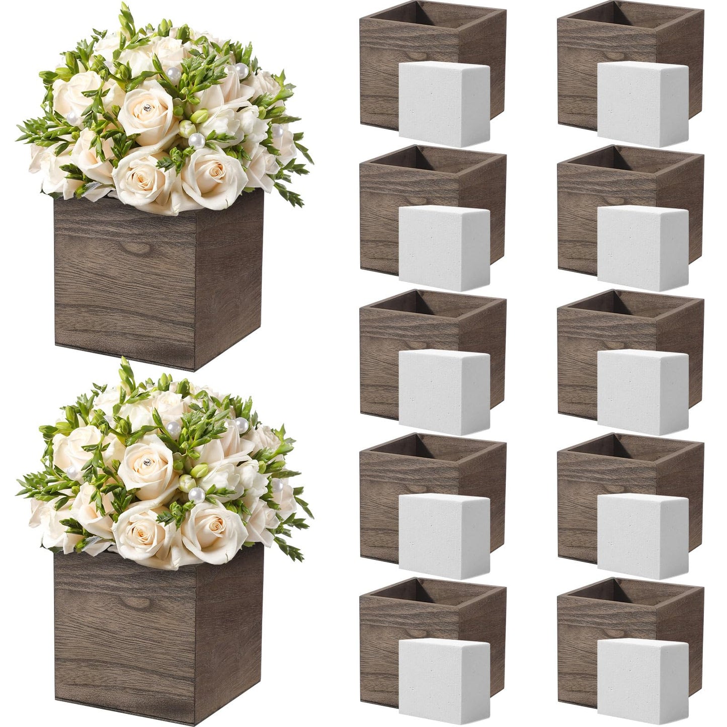 Suzile 12 Set 4 Inch Wooden Planter Box Square Wood Flower Box Rustic Cube Planter Box with Removable Foam Blocks Liner Square Vase for Centerpiece