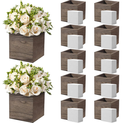 Suzile 12 Set 4 Inch Wooden Planter Box Square Wood Flower Box Rustic Cube Planter Box with Removable Foam Blocks Liner Square Vase for Centerpiece