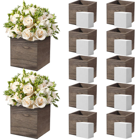 Suzile 12 Set 4 Inch Wooden Planter Box Square Wood Flower Box Rustic Cube Planter Box with Removable Foam Blocks Liner Square Vase for Centerpiece Suzile