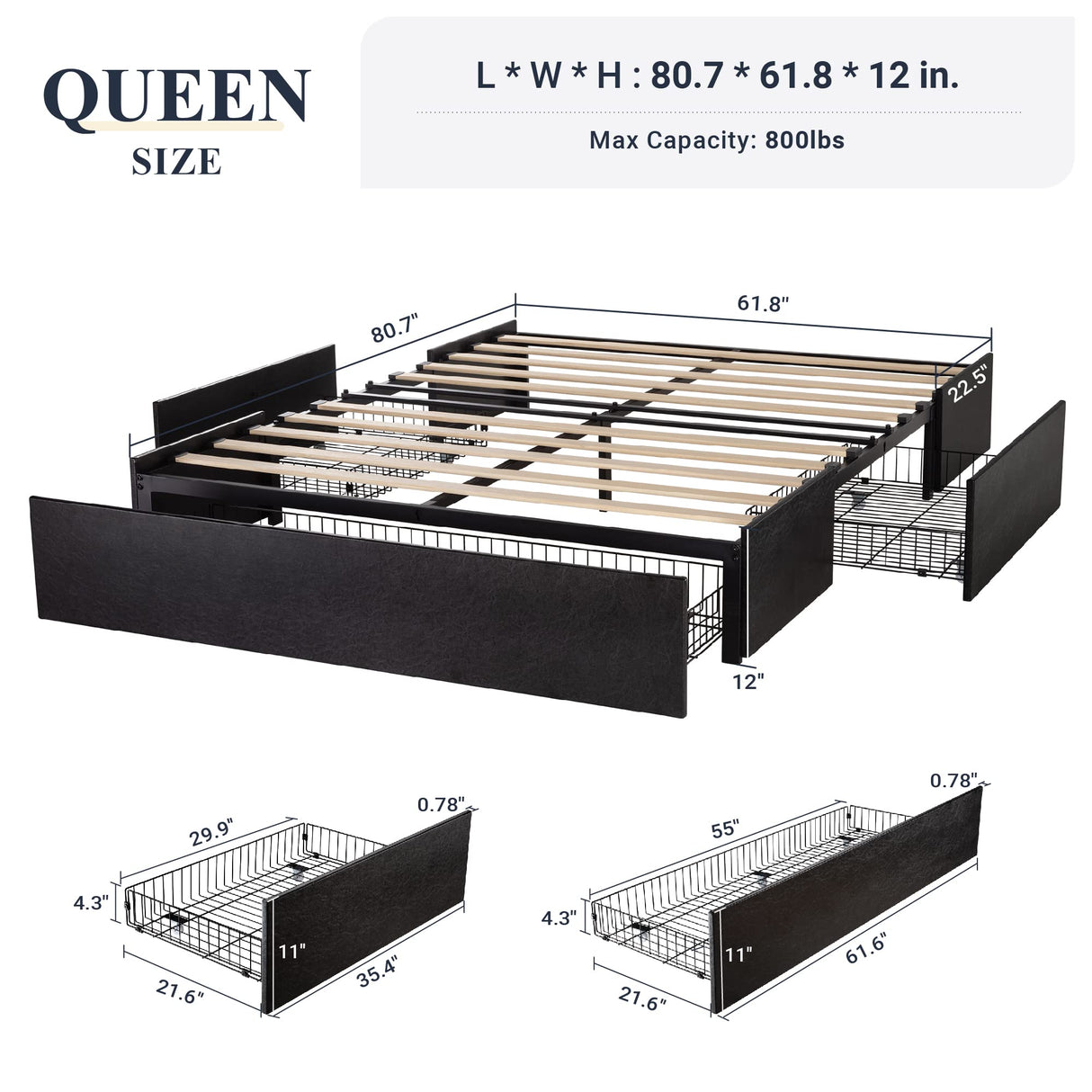 Allewie Queen Size Modern Platform Bed Frame with 3 Storage Drawers and Faux Leather Upholstery Allewie