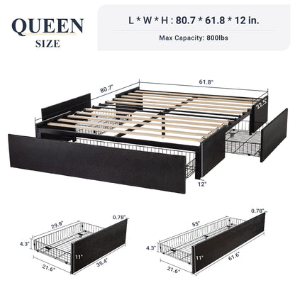 Allewie Queen Size Platform Bed Frame with 3 Storage Drawers, Faux Leather Upholstered, Wooden Slats Support, No Box Spring Needed, Easy Assembly,