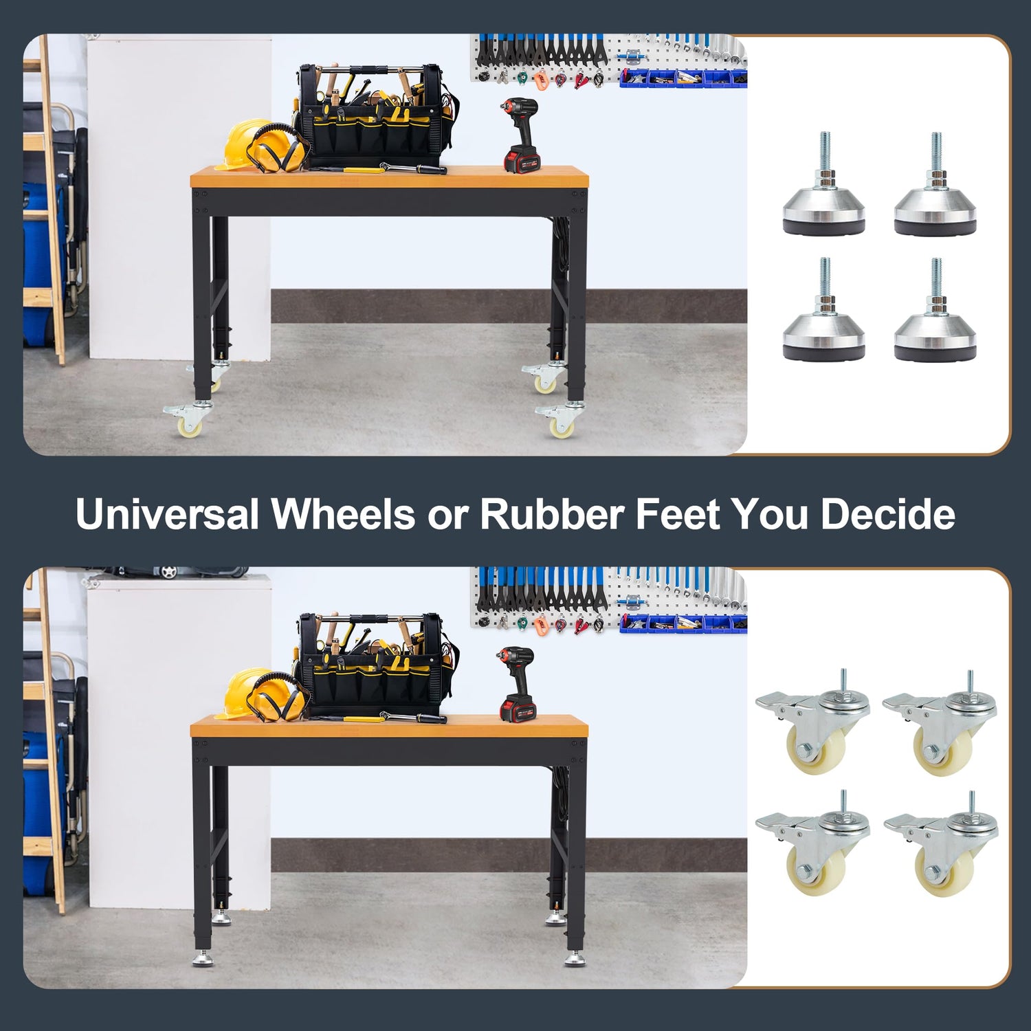 HABUTWAY Height Adjustable Workbench with Wheels 48" x 24" 2000 Lbs Capacity Oak Board Work Station Heavy-Duty Rolling Work Benches for Garage Party HABUTWAY