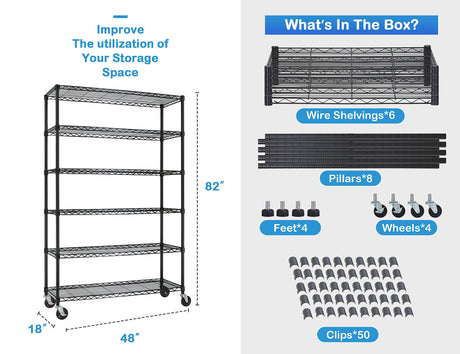 6 Tier 2100lbs Wire Shelves, 48" D x 18" W x 82" H Metal Shelves for Storage Heavy Duty, Storage Racks with Wheels, Height Adjustable, Wire Rack MKDLUFEI