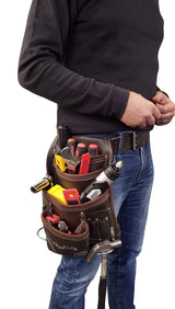 LAUTUS Oil Tanned Leather Tool Pouch Bag | Carpenter, Construction, Framers, Handyman | 10 Pockets, 2 Hammer Holders | 100% Leather Dark Brown LAUTUS