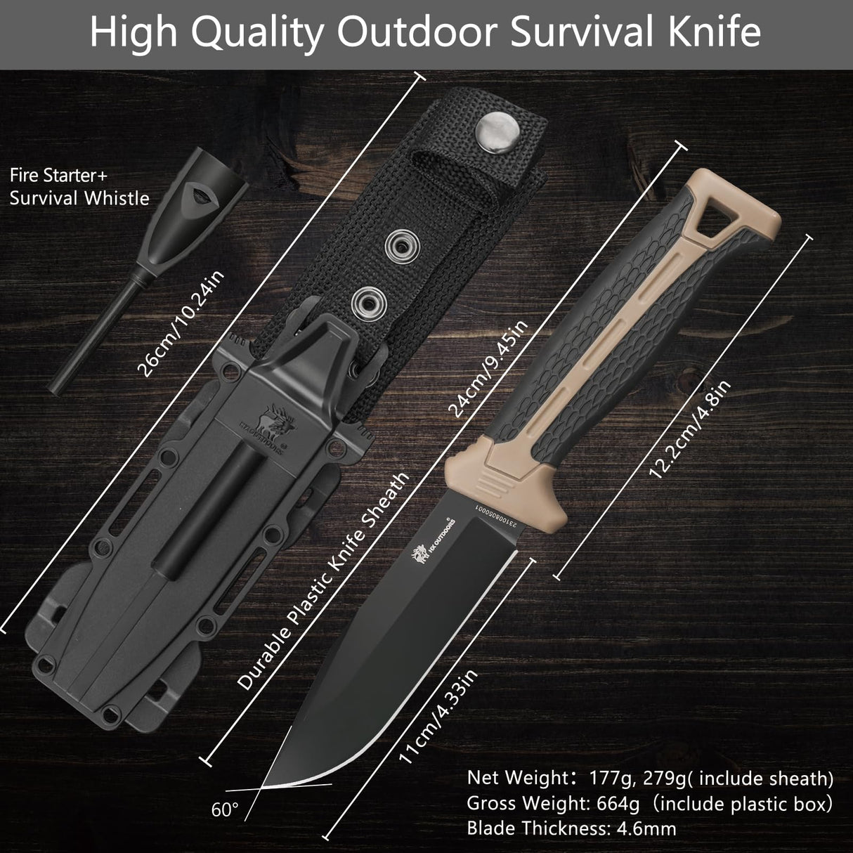 HX OUTDOORS Extra Sharp Bushcraft Knife with Fire Starter, Premium D2 Steel Fixed Blade Survival Camping Knife with Plastic Sheath for Outdoor, HX HX OUTDOORS