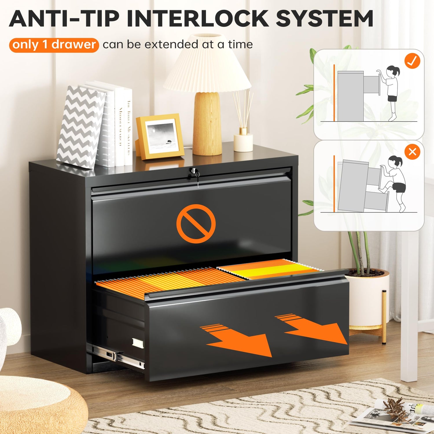 INTERGREAT File Cabinet 2 Drawers, Metal Lateral Filing Cabinet with Lock for Home Office, Locking Horizontal File Cabinet for Hanging Files INTERGREAT