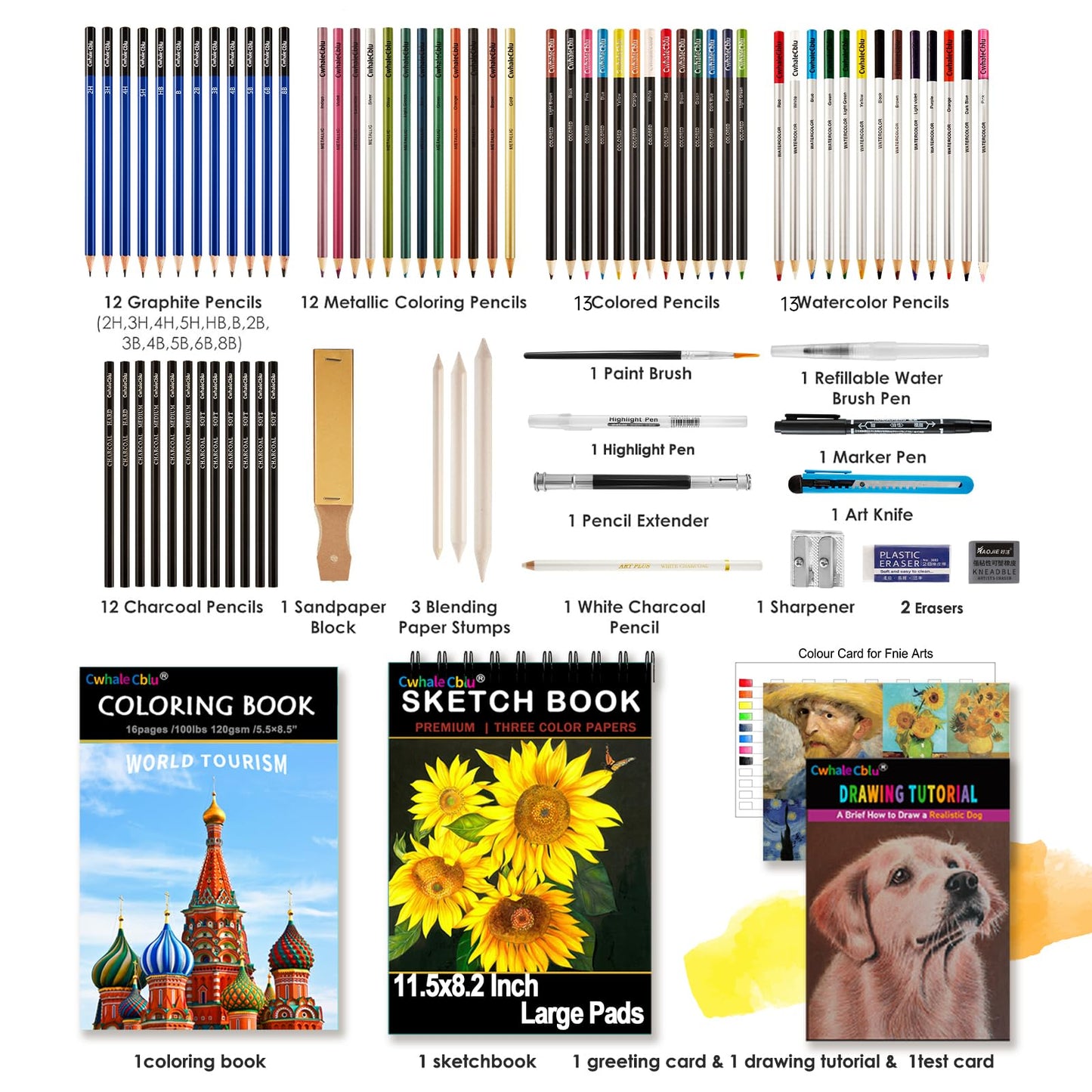 CwhaleCblu 77 Pack Drawing Set Art Supplies,Drawing Supplies with 3-Color  Sketch Book, Colored, Graphite, Charcoal, Watercolor&Metallic Pencil, Art