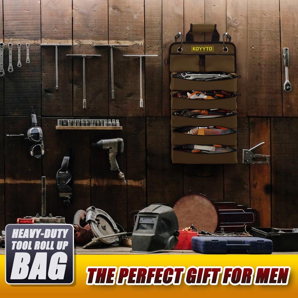 Gift for Men,Premium Tool Roll up Bag - Heavy Duty Small Tool Bag Organizer and Storage with W/Detachable Pouches,Waterproof Oxford Cloth,Suitable KOYYTO