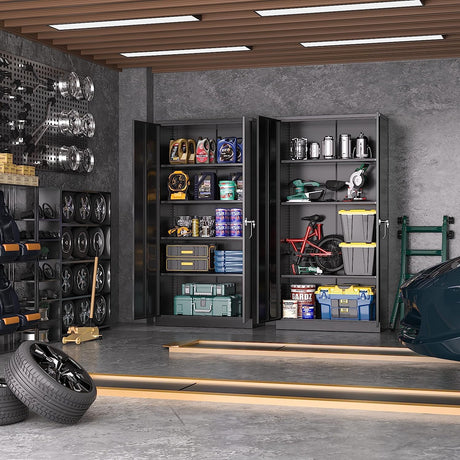 Greenvelly Metal Garage Storage Cabinet, 72” Lockable Storage Cabinet with Adjustable Shelves, Steel Tool Cabinets, Black Metal File Cabinet for Home Greenvelly