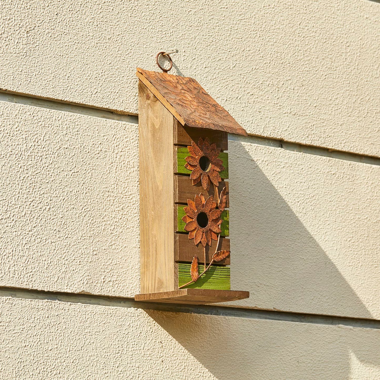 Glitzhome 14.5" H Wooden Garden Bird House Hanging Two-Tiered Distressed with Flowers Decorative Birdhouse - WoodArtSupply