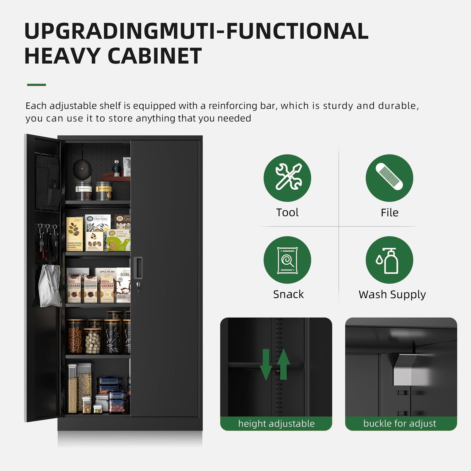 Greenvelly Metal Garage Storage Cabinet with with Pegboard,Black Tool Steel Cabinet with Doors and Adjustable Shelves, Tall Lockabke Garage Cabinet Greenvelly