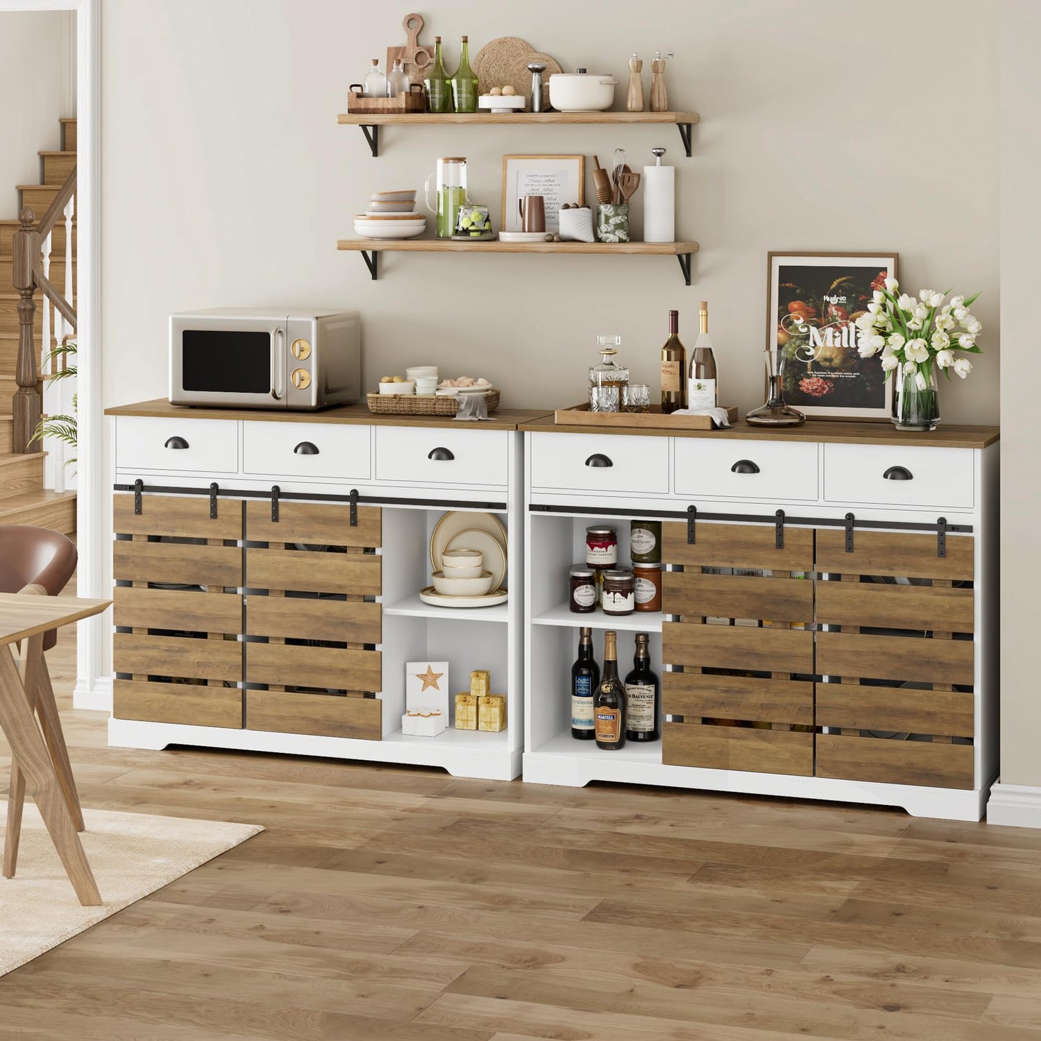 HOSTACK Farmhouse Coffee Bar Cabinet, 47" Kitchen Buffet Cabinet with Storage, Barn Doors Sideboard Storage Cabinet, Wood Buffet Sideboard with HOSTACK