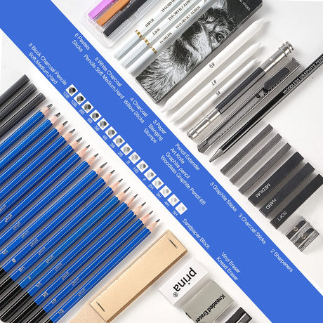 Prina 50 Pack Drawing Set Sketch Kit, Pro Art Sketching Supplies with 3-Color Sketchbook, Graphite, and Charcoal Pencils for Artists Adults Teens PRINA