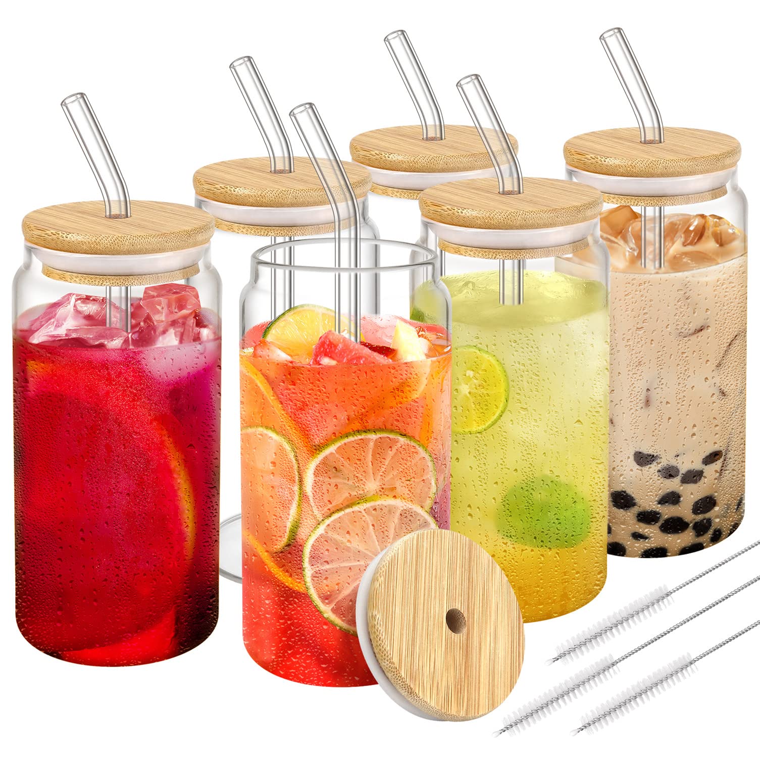 Gavoyeat Drinking Glasses with Bamboo Lids and Straw Set of 6, 16oz Glass Cups with Lids and Straws Beer Glass Iced Coffee Glasses Cute Tumbler Cup - WoodArtSupply