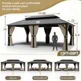 UDPATIO 12' x 20' Hardtop Gazebo, Outdoor Aluminum Gazebo with Galvanized Steel Double Roof, Permanent Metal Canopy with Curtains and Netting for UDPATIO