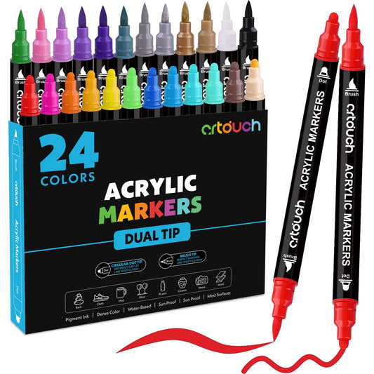 Artouch Acrylic Paint Pens - 24 PCS Dual Tip Acrylic Paint Markers with Medium and Brush Tips, Ideal for Rock Painting, Ceramic, Wood, Brush