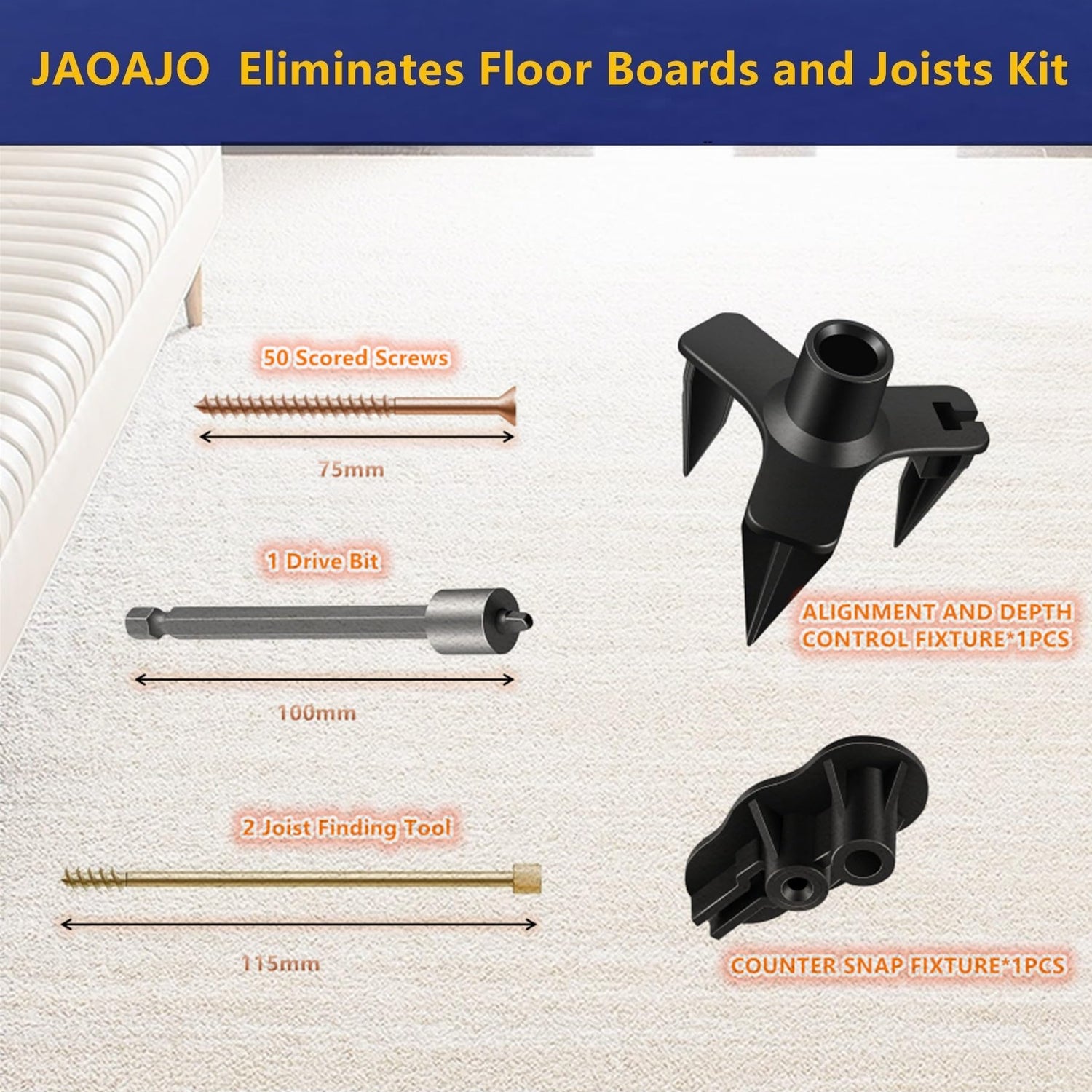 JAOAJO Floor Fix Screws Repair Kit with 5 Tools and 50 Screws for Wood Floors, Eliminate Squeaks Under Floor Loose JAOAJO