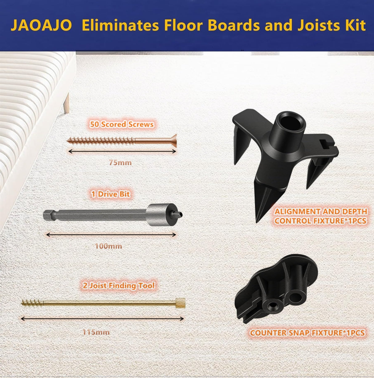 JAOAJO Floor Fix Screws Repair Kit with 5 Tools and 50 Screws for Wood Floors, Eliminate Squeaks Under Floor Loose JAOAJO