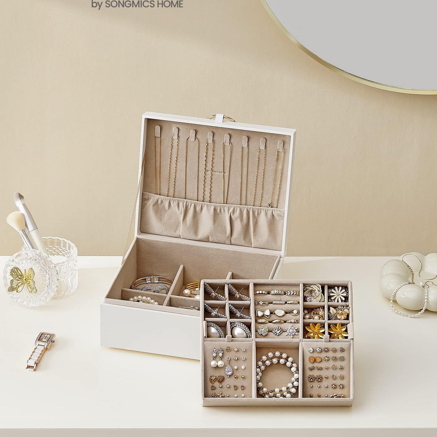 SONGMICS 2-Layer Jewelry Box, Jewelry Organizer with Handle, Removable Jewelry Tray, Jewelry Storage, Floating Effect, 8.1 x 9.4 x 4.3 Inches, Gift SONGMICS