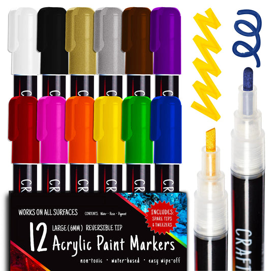 Crafts 4 All Acrylic Paint Markers Set - 12, Broad Tip -Tip Acrylic Paint Pens for Rock Painting, Glass, Wood, Canvas and Fabric - Non-Toxic,