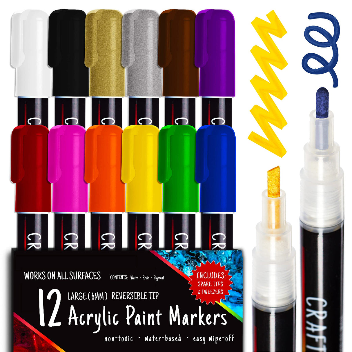 Crafts 4 All Acrylic Paint Markers Set - 12, Broad Tip -Tip Acrylic Paint Pens for Rock Painting, Glass, Wood, Canvas and Fabric - Non-Toxic, Crafts 4 All