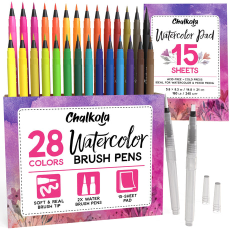 Chalkola Watercolor Brush Pens for Lettering, Coloring, Calligraphy - Set of 28 Watercolor Pens, 15 Painting Pad & 2 Watercolor Markers - Drawing Art Chalkola
