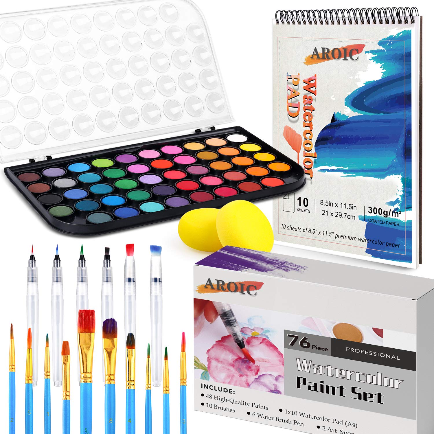 Watercolor Paint Set, 48 Color Watercolor with 10 PCS Nylon Brushes,6 PCS Refillable Water Brush Pen, 10 Page Pad(A4) and 2 PCS Art Sponges for - WoodArtSupply