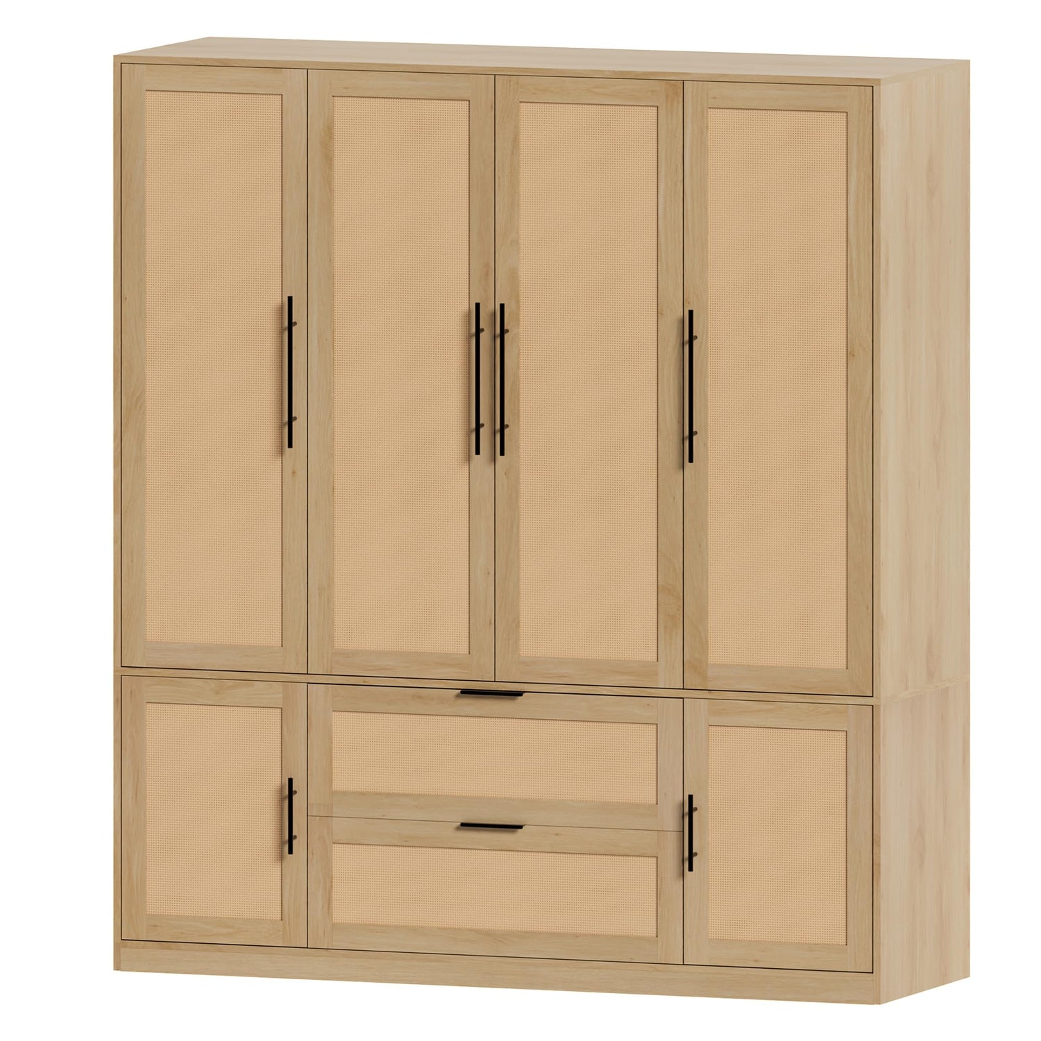 UEV Brown 6 Doors Rattan Armoire Wardrobe Closet,63" Large Armoire Storage Cabinet with 2 Drawers Side Shelves,Wooden Wardrobe Closet with 2 Hanging UEV