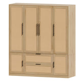 UEV Brown 6 Doors Rattan Armoire Wardrobe Closet,63" Large Armoire Storage Cabinet with 2 Drawers Side Shelves,Wooden Wardrobe Closet with 2 Hanging UEV