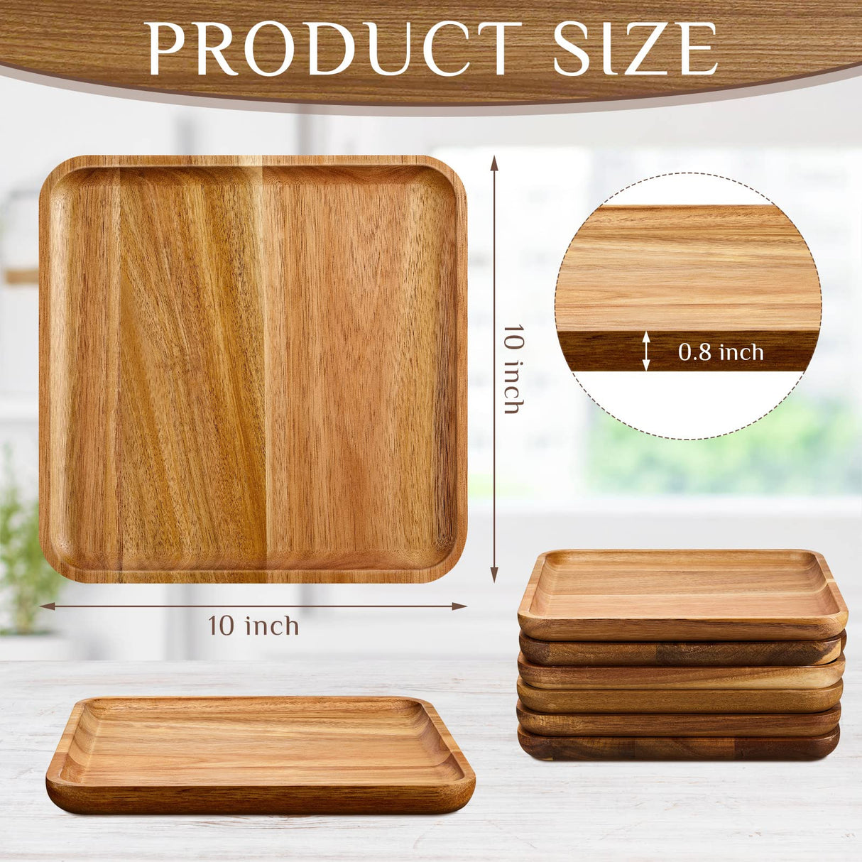 Didaey 6 Pcs Acacia Wood Square Plates 10" Wooden Plates Serving Trays for Meal Dishes Snack Dessert Easy Cleaning and Lightweight Didaey
