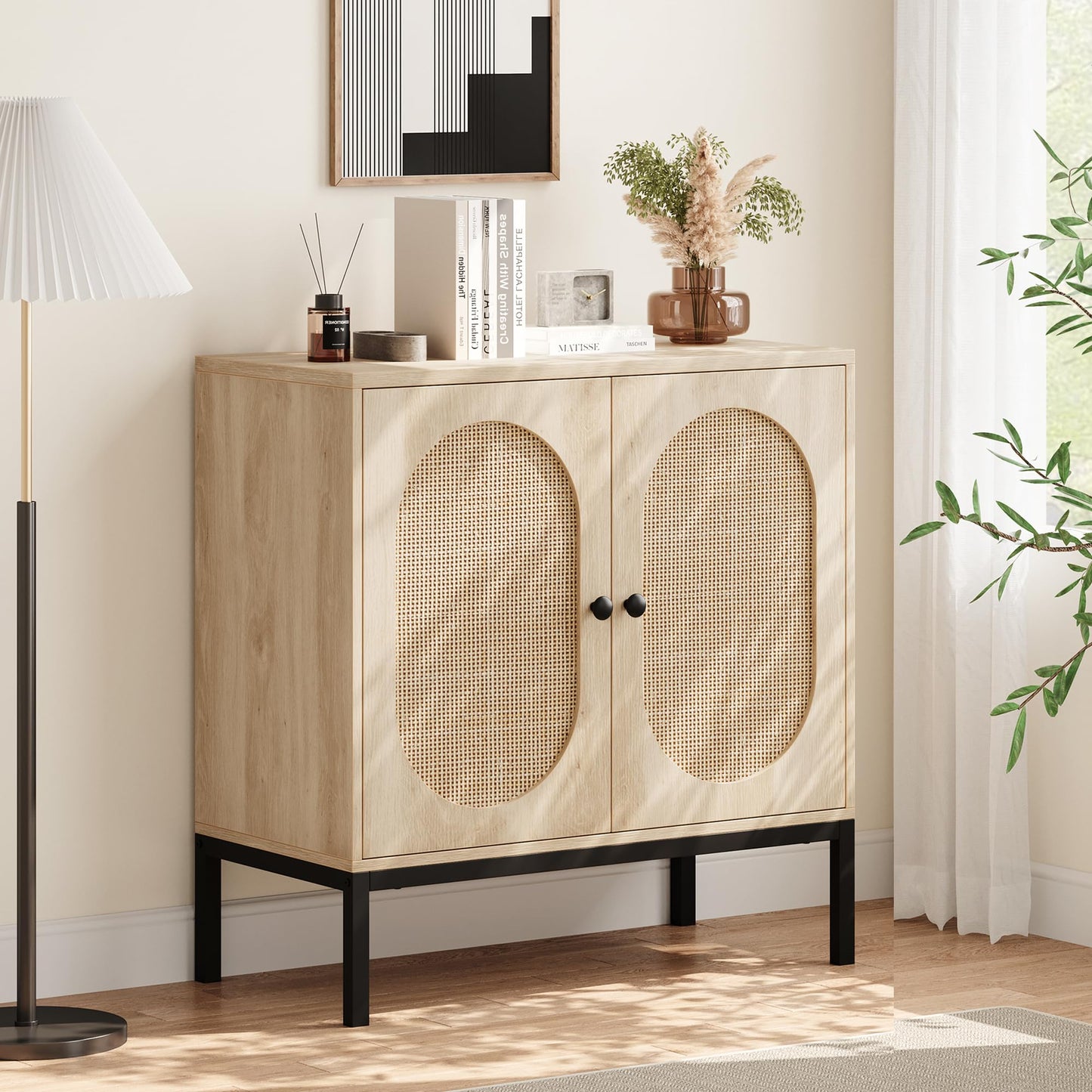 IDEALHOUSE Buffet Cabinet Rattan Storage Cabinet with Doors and Shelves, Accent Cabinet Sideboard, Wood Console Cabinet with Storage Entryway Cabinet