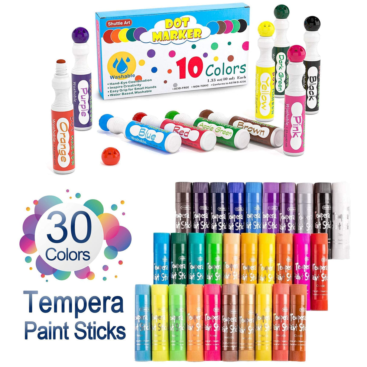 Shuttle Art Tempera Paint Sticks Bundle, Set of 30 Colors Tempera Paint Sticks + 10 Colors Dot Markers Shuttle Art