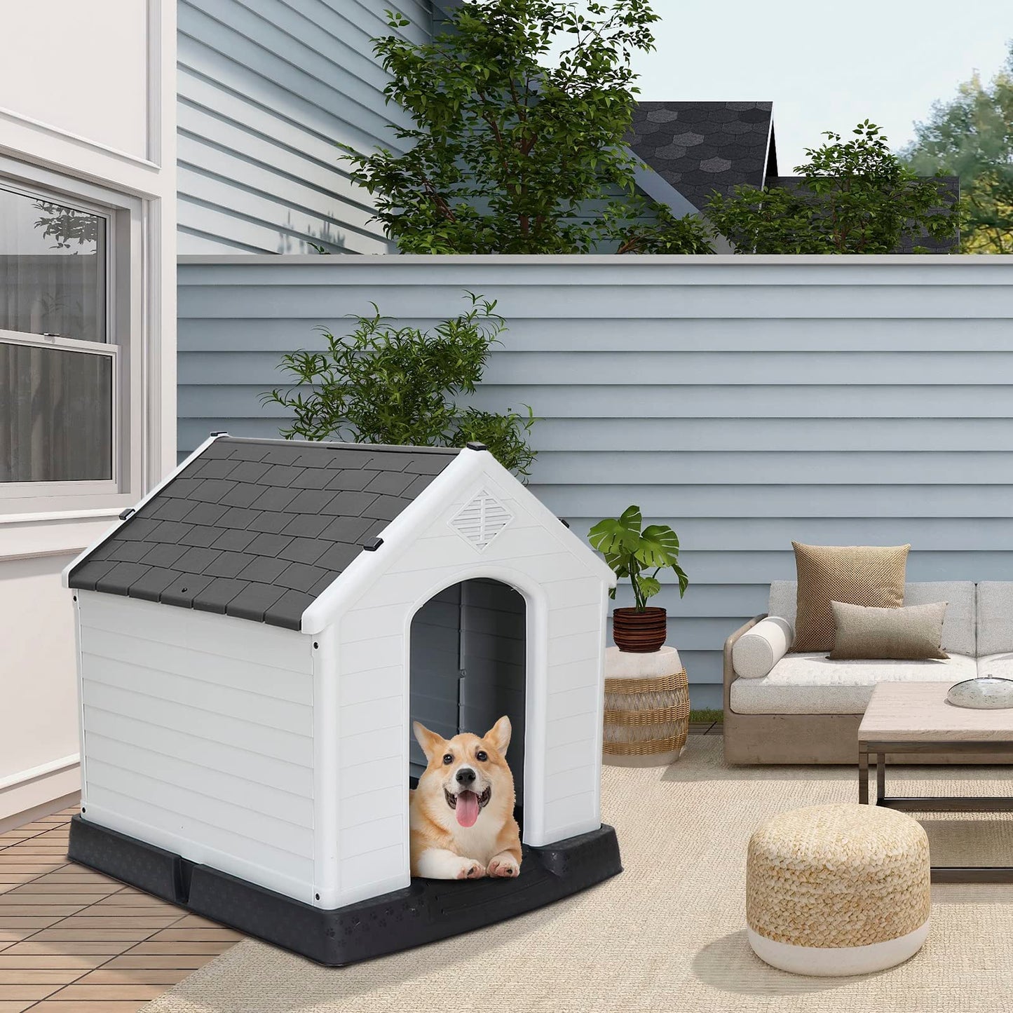 Pet Republic Large Plastic Dog House Indoor Outdoor Doghouse Dog Kennel Easy to Assemble Puppy Shelter w/Air Vents Elevated Floor Waterproof - WoodArtSupply