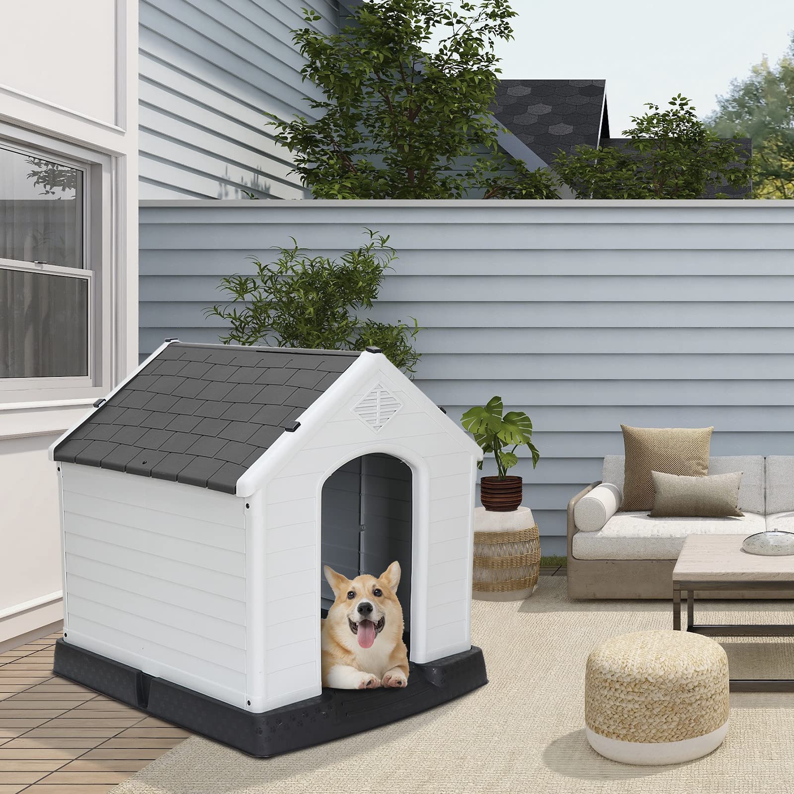 Pet Republic Large Plastic Dog House Indoor Outdoor Doghouse Dog Kennel Easy to Assemble Puppy Shelter w/Air Vents Elevated Floor Waterproof - WoodArtSupply