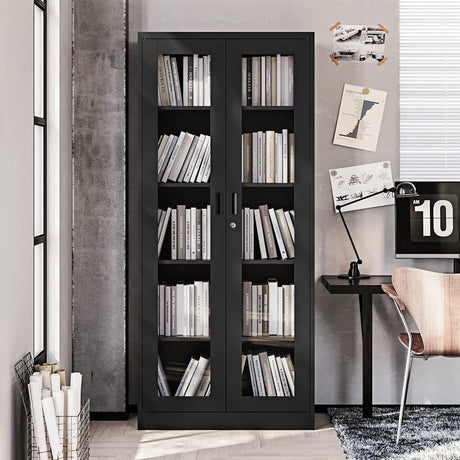 PEUKC Display Cabinet with Glass Doors, Curio Cabinets with 4 Adjustable Shelves, Locking Glass Cabinet Display Case for Home, Office, Clinic, PEUKC