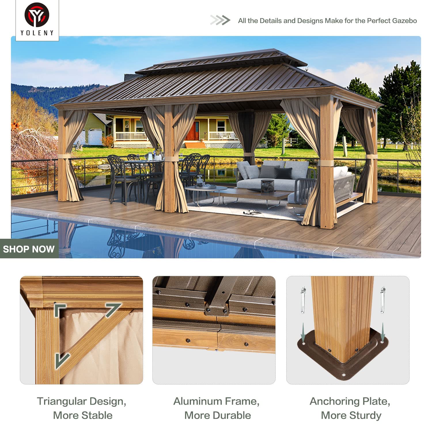 YOLENY 12' x 20' Gazebo, Hardtop Gazebo Wood-Looking Gazebo with Galvanized Steel Double Roof, Aluminum Frame, Outdoor Patio Hardtop Gazebo with - WoodArtSupply