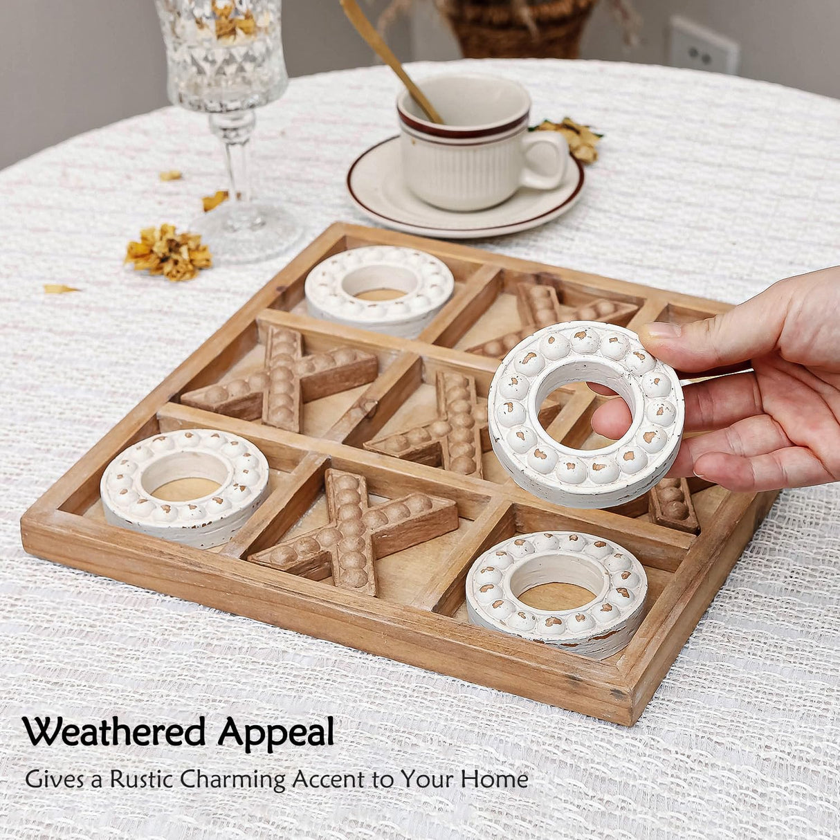NIKKY HOME Tic Tac Toe Wood Board Game for Kids Family, 10.6 Inch Rustic Wooden Coffee Table Decor, Wood & White NIKKY HOME