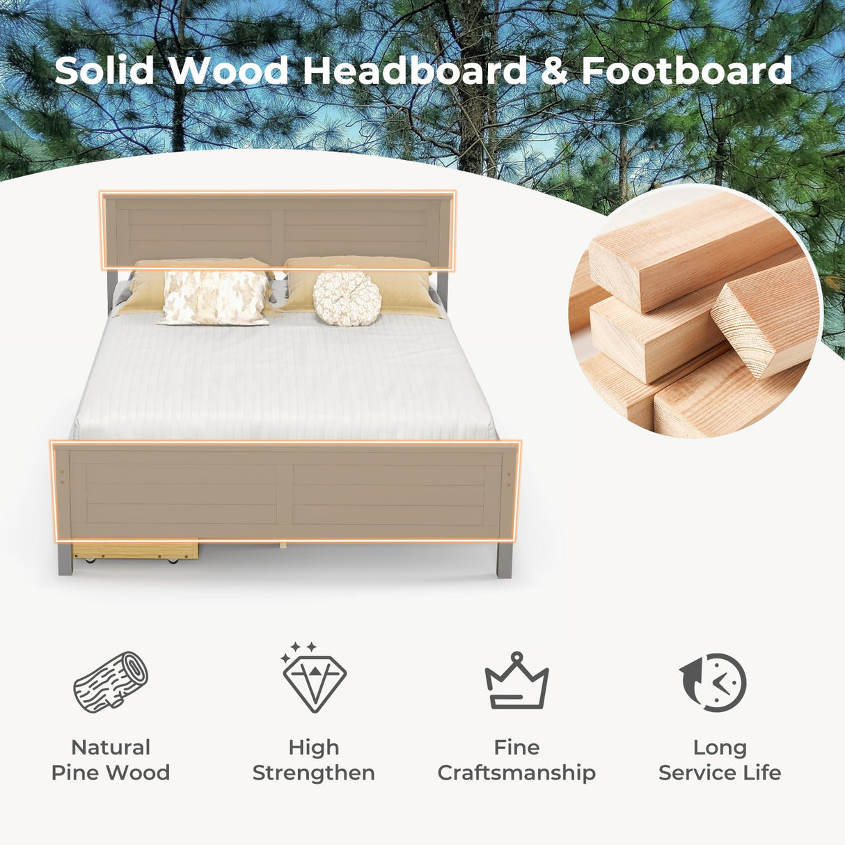 Giantex Grey Solid Wood Full Size Bed Frame with 2 Convenient Storage Drawers Giantex