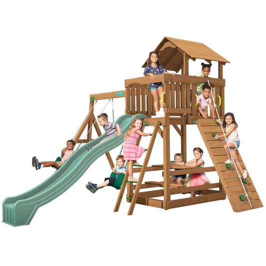 Creative Playthings Spring Hill Wooden Swing Set (Made in The USA), Includes Kids Climbing Wall, Playground Swings and Slide, 15 x 14 x 11 ft