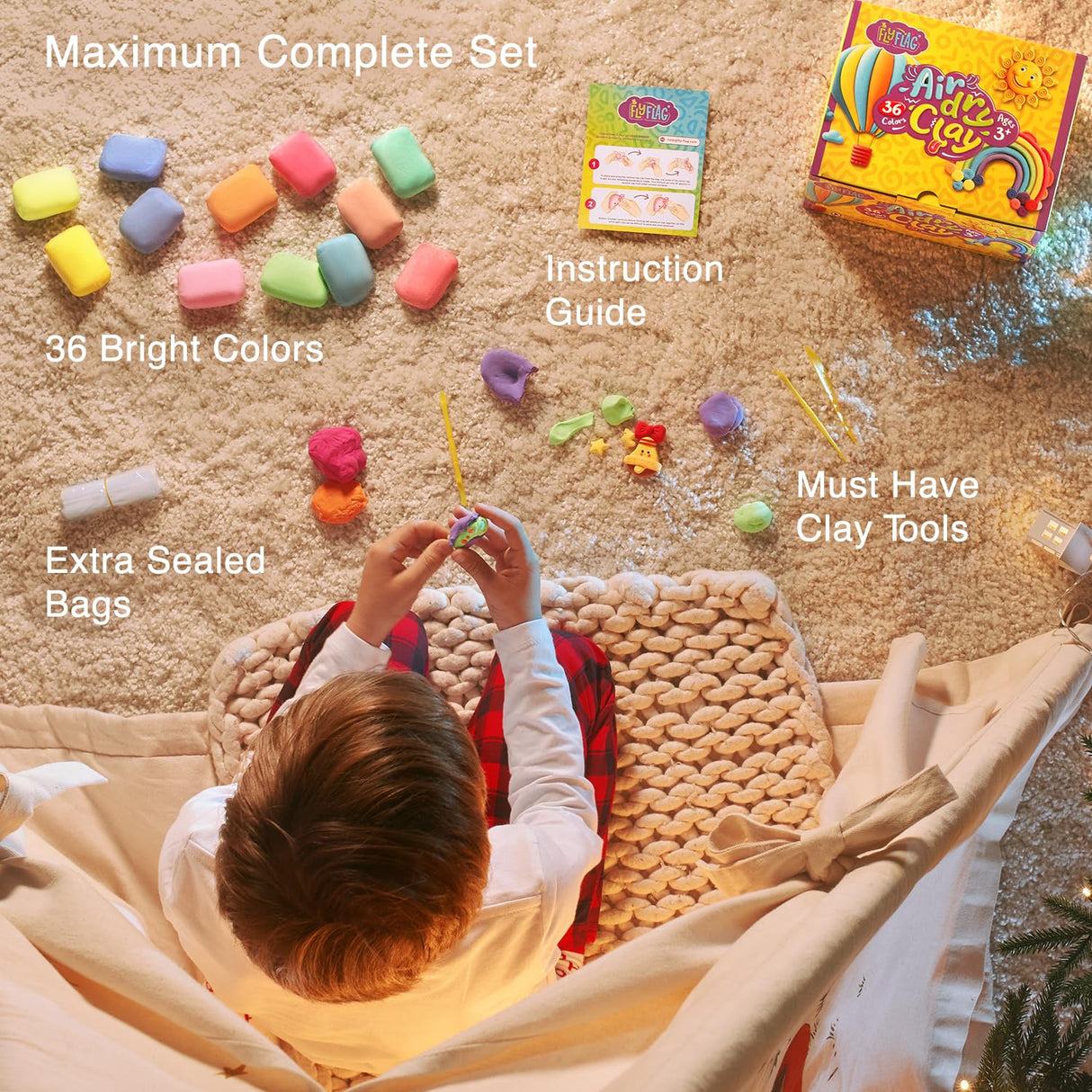 Air Dry Clay 36 Colors, Soft & Ultra Light, Modeling Clay for Kids with Accessories, Tools and Tutorials FLY FLAG